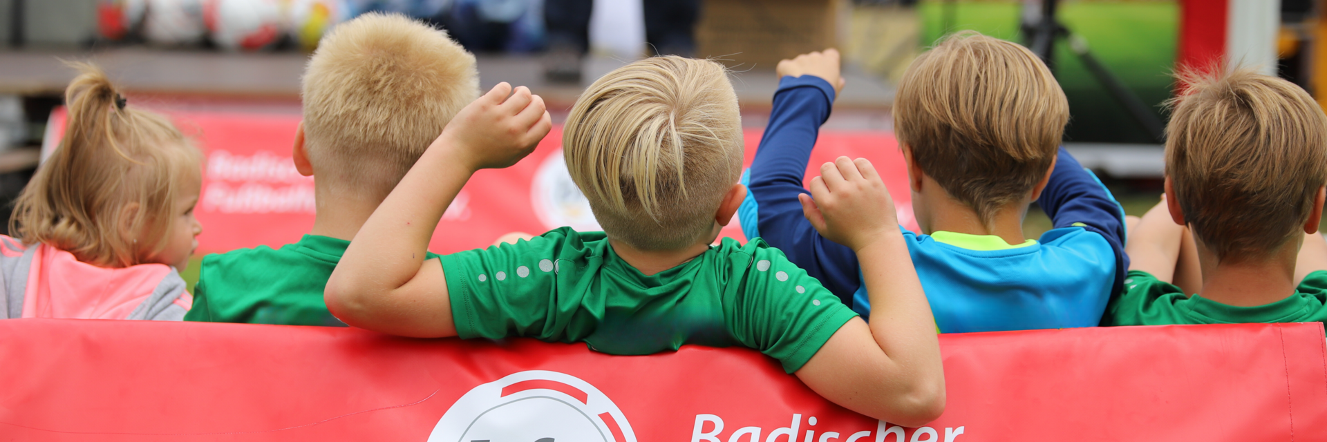 Fünf Kinder von hinten, sie sitzen auf dem Rasen und lehnen sich mit dem Rücken an einem bfv-Softreiter an.